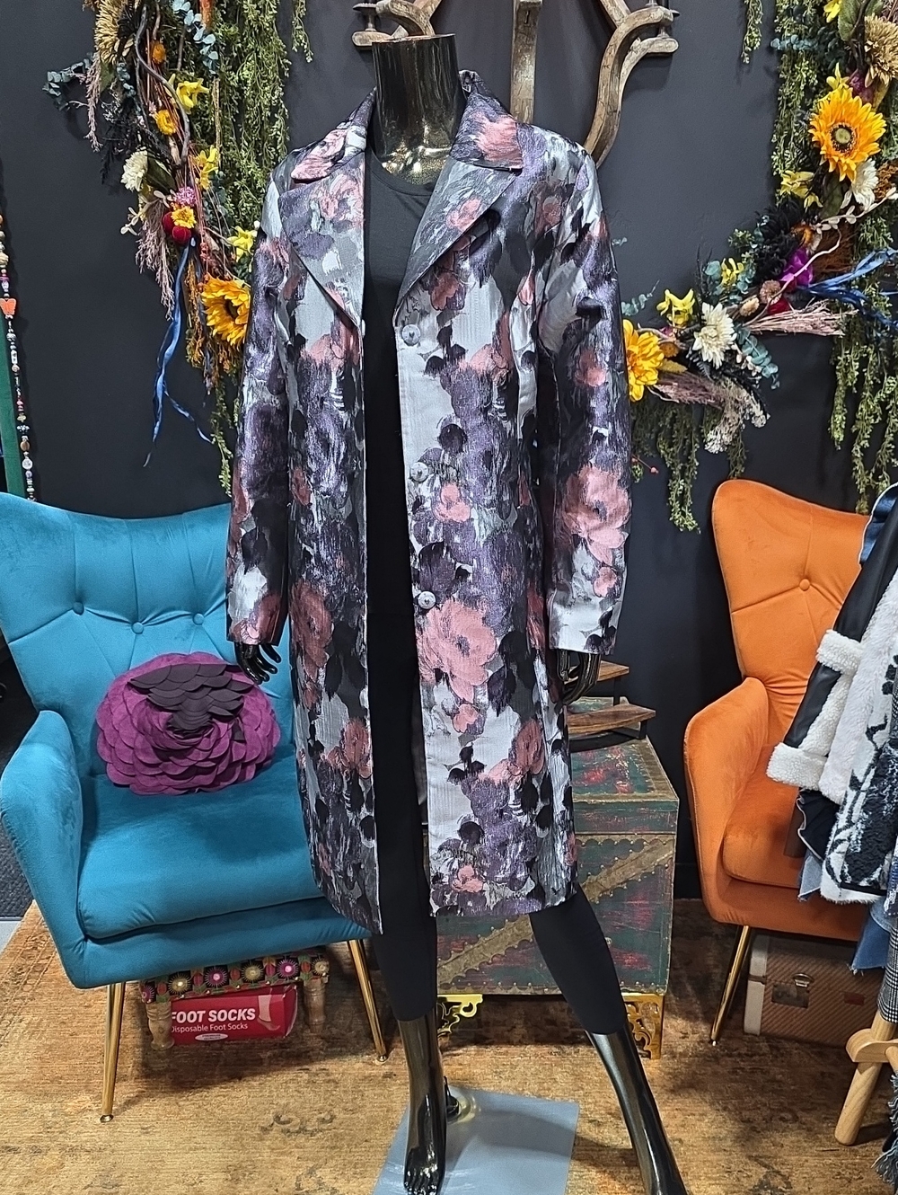 Isaac Mizrahi Satin Floral DressTrench Coat /Mauve and Gray